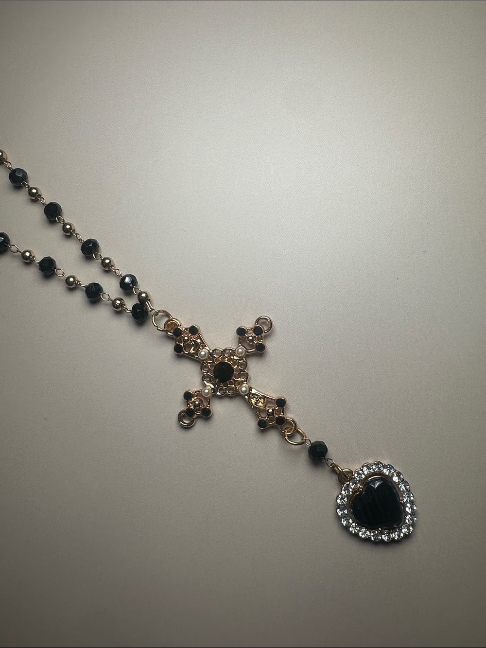 Gold Rosary-Style Necklace with Dark Green Beads and Heart Pendant